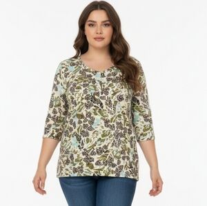 Marc Cain Show Your Stripes Floral 3/4 Sleeve Round Neck Tee Top 12 L NWOT